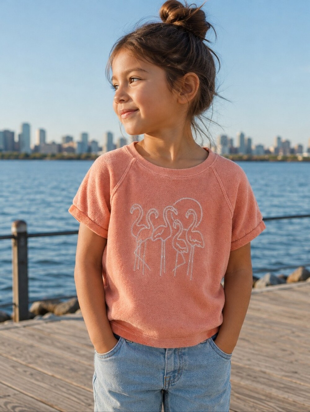 Gap Kids Girls Size 5 Pink Terry Cloth Flamingo Embroidered Short Sleeve Top